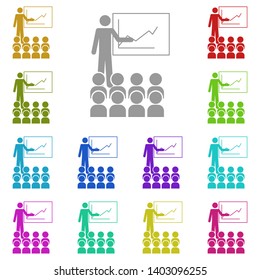 The man explains to the audience multi color icon. Simple glyph, flat vector of people icons for UI and UX, website or mobile application on white background