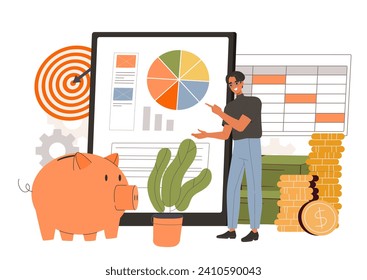 Man explains for economy concept. Worker with graphs and diagrams. Statistics and infographics. Financial literacy and occupation. Budget and accountant, savings. Cartoon flat vector illustration