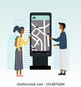 Man explains how to use mobile app of online car service. Smartphone with map and geo tags. City landscape. Carsharing concept for banner, background, web, mobile app, poster. vector illustration. 