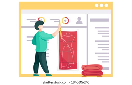Man explains the plan for sewing clothes. Male professional measures the length of a dress. Future cloth planning. Pattern of clothes with the personal details of the customer on the background