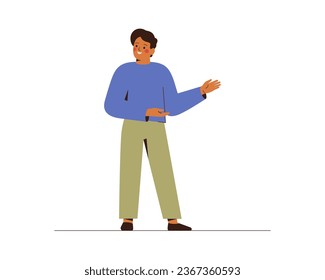 Man explains and points aside with hands. Male character represents something with hand gesture. Businessman speaks about offer or promotions. Vector illustration