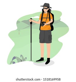 Man or explorer standing on mountain. Backpack and travel concept. Vector illustration in flat design.