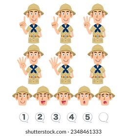 Un hombre con traje de explorador contando números con sus dedos Conjunto de expresiones faciales y números
