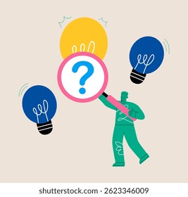 Man explores new ideas. Brainstorming concept. Colorful vector illustration