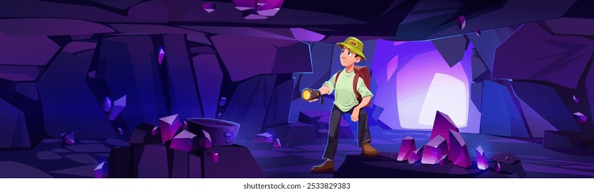 Hombre explorando una cueva llena de cristales púrpuras. Explorador del Vector de la historieta que lleva el sombrero y la mochila, sosteniendo la linterna y mirando alrededor en gemas brillantes. Fantasía oscura caverna con vibrantes minerales.