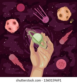 Man is exploring the cosmos. Study of the planets. Space pattern, planets, comets, satellites. Hand holds the planet. Rings satellites. Vector print design