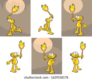 Man exploring a dark cavern with a torch in his hand. Conceptual image about the search and discovery. Vector illustration in cartoon style available in EPS 10.