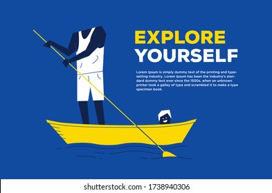 A man exploring herself with his boat in sea.