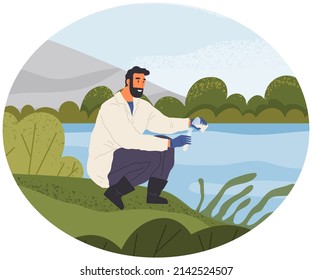 Man exploring nature, analyzing river water. Researcher takes samples of biomaterial. Environmental and ecology research. Scientist conducts ecological experiment. Explorers work with water in lake