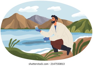 Man exploring nature, analyzing river water. Researcher takes samples of biomaterial. Environmental and ecology research. Scientist conducts ecological experiment. Explorers work with water in lake