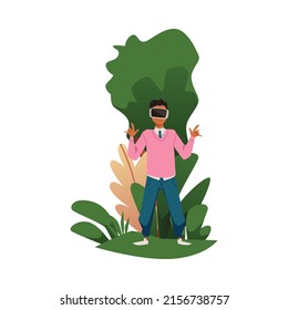 Man exploring nature with VR glasses or headset, flat vector illustration isolated on white background. Virtual reality travel concept. Cartoon character in woods or forest.