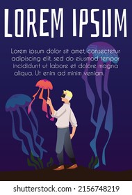 Man exploring underwater world in VR glasses or headset, poster with text, flat vector illustration. Cartoon character with jelly fishes playing virtual reality game.