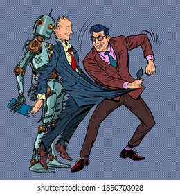 a man exposes a robot under a human shell. Pop art retro illustration kitsch vintage 50s 60s style