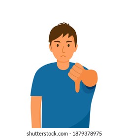 Man express thumb down in flat design. Dislike hand vector on white background. Male angry and show disagree hand gesture.
