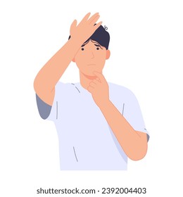 Man expressed confusion with the difficulty of making a decision. modern trendy style. Hand drawn vector character illustration. Isolated on white background. 