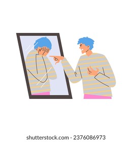 Man expresses dissatisfaction with reflection in the mirror. Self-dissatisfaction and problems with self-acceptance, flat vector illustration isolated on white background.