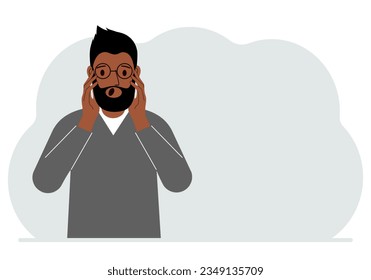 The man expresses the emotions of shock, surprise, confusion, stress, anxiety. Vector