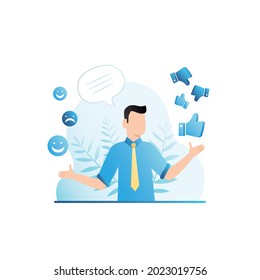Man expresses his opinion in smiles, likes, thumbs up gestures, writes review, recommendations, comment. Feedback. Guy assesses quality of service on Internet, expresses emotions.