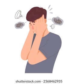 Man expresses irritation and sadness over fake news, by covering his ears. Don't listen to negative thoughts. Hand drawn vector illustration. 