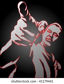 Man expresses or shows with his index finger