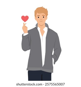 Man expressing affection by holding a red heart symbol with a warm and gentle smile. Flat vector illustration isolated on white background