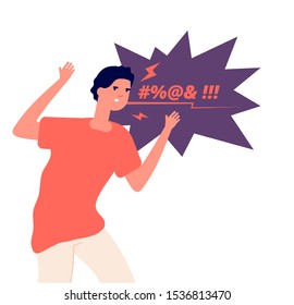 Man expressing anger. Irritated character, angry screaming man. Aggressive frustrated person swears in face, vector concept