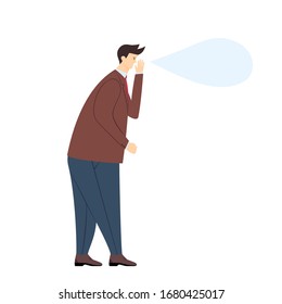Man expressing anger, wrath, rage, fury or whisper a secret, isolated on white background. The angry boss screams with a speech bubble. Illustration of a screaming person in a flat cartoon style.