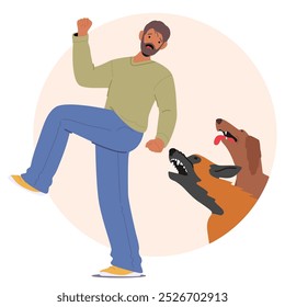 Man Expressing Fear As Two Aggressive Dogs Appear To Attack. Image Conveys A Sense Of Panic And Paranoia, Representing Phobias And Anxiety of Male Character. Cartoon People Vector Illustration