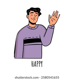 Man expressing happy emotion, isolated calm and balanced guy showing happiness and gladness. Vector flat cartoon character, resourceful guy with closed eyes and smile on face waving hand