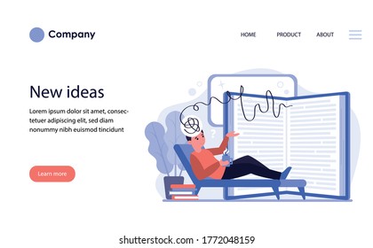 Man expressing his ideas for diary. Student lying on couch with coffee cup and thinking flat vector illustration. Studying and decision making concept for banner, website design or landing web page