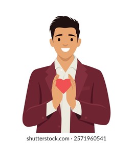 Man Expressing Love and Kindness with a Heart Symbol. Flat vector illustration isolated on white background