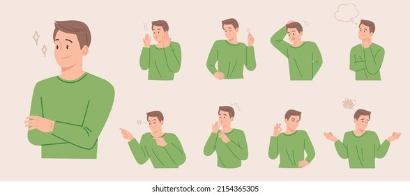 A man is expressing various emotions. flat design style vector illustration.