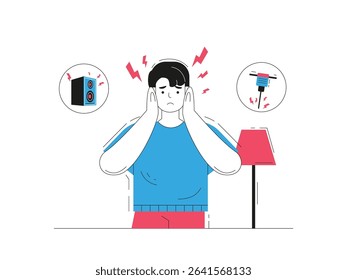 Man expression upset because noisy project sound from outside the house, social issue. Character design. Vector flat illustration