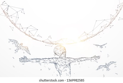 Man extended the arms with global. Freedom concept from lines, triangles and particle style design. Illustration vector