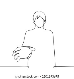 man extended his hand to grab something from the viewer - one line drawing vector. concept cheater, robber, crave, ask, take away, open the door, grab for something, the desire to take or appropriate