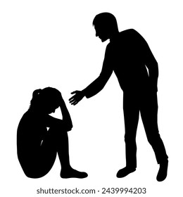 Man extending a helping hand to a sad woman sitting on the floor