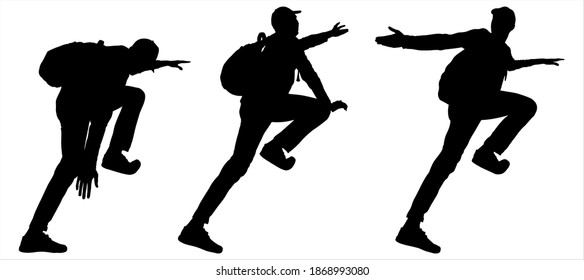 Man extends a helping hand. Hiking. Climber with a backpack on back and a baseball cap. Guy pulls hand down. Tourist climbs up the slope. Black male silhouettes are isolated on a white background.