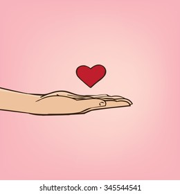 Man extends his hand with heart symbol - declaration of love concept