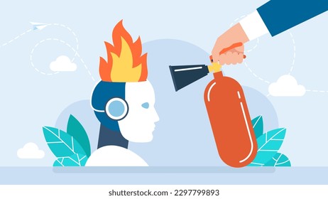 A man extinguishes a fire in a robot's head. Artificial brain glitch and exploded. Cyborg with artificial intelligence failures overloaded and broken down. AI not coped with task. Vector illustration