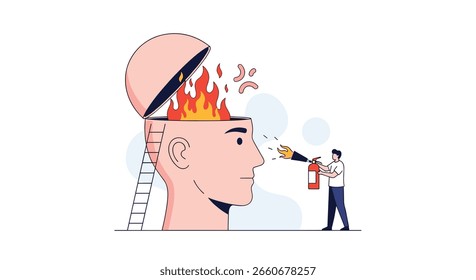 Man extinguishing fire inside open head concept of overthinking or mental burnout problem solving