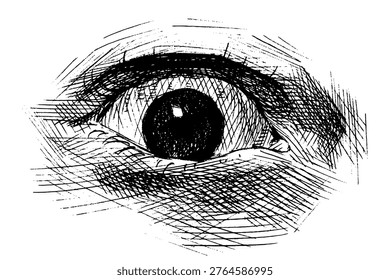 Man eye drawing. Expression with a significant emotion hand drawn ballpoint pen illustration traced in vector. 