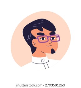 Man in eye glasses, face avatar. Male character wearing spectacles, shirt, goatee beard, user profile. Person in eyeglasses, specs, head portrait. Flat vector illustration isolated on white background