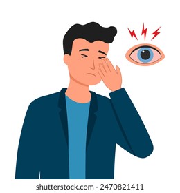 Hombre con dolor de ojos en diseño plano. Ilustración vectorial del concepto de ojo adolorido.