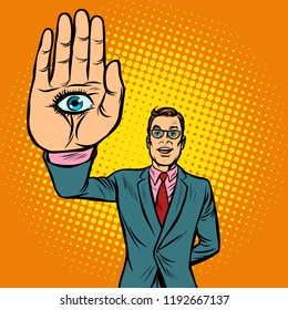 man eye palm, spiritism occult. Pop art retro vector illustration vintage kitsch