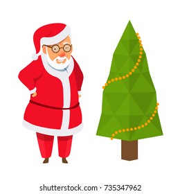 A man in eyeglasses dressed up as Santa Claus standing with Christmas tree, smiling. Christmas, New Year vector illustration isolated on white.