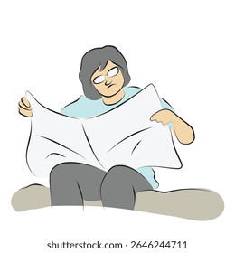 man with eyeglasses reading newspaper on sofa illustration vector hand drawn with black lines isolated on white background.