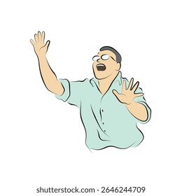 homem com óculos mostrando a mão do vetor da ilustração do gesto de parada desenhada com linhas pretas isoladas no fundo branco.