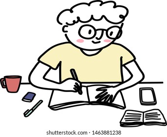 Man with eyeglasses sitting at desk and writing in a notebook. Studying hard concept with male student studying hard, doing homework assignment at the table. Happy boy writing in a notebook.