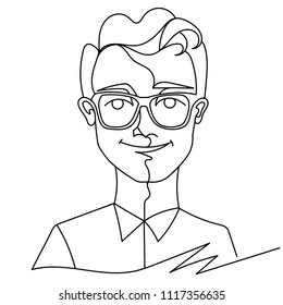 Man in Eyeglasses Smiling Portrait One Line Art. Happy Male Facial Expression. Hand Drawn Linear Man Silhouette. Vector illustration