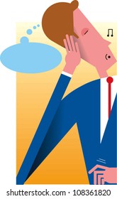 Man with eyes closed, leaning on hand, whistling, tapping fingers, with thought bubble coming from head